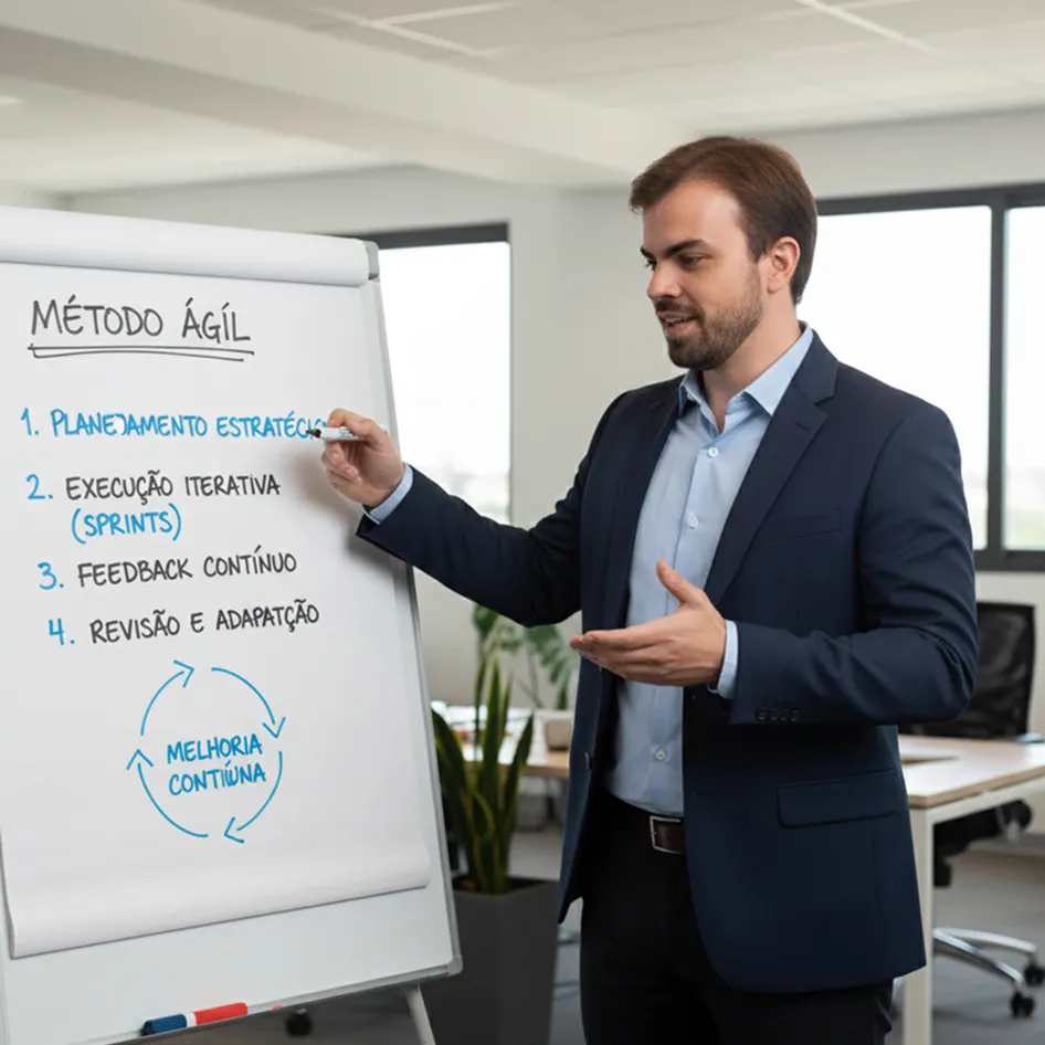 Gustavo explicando método em flipchart