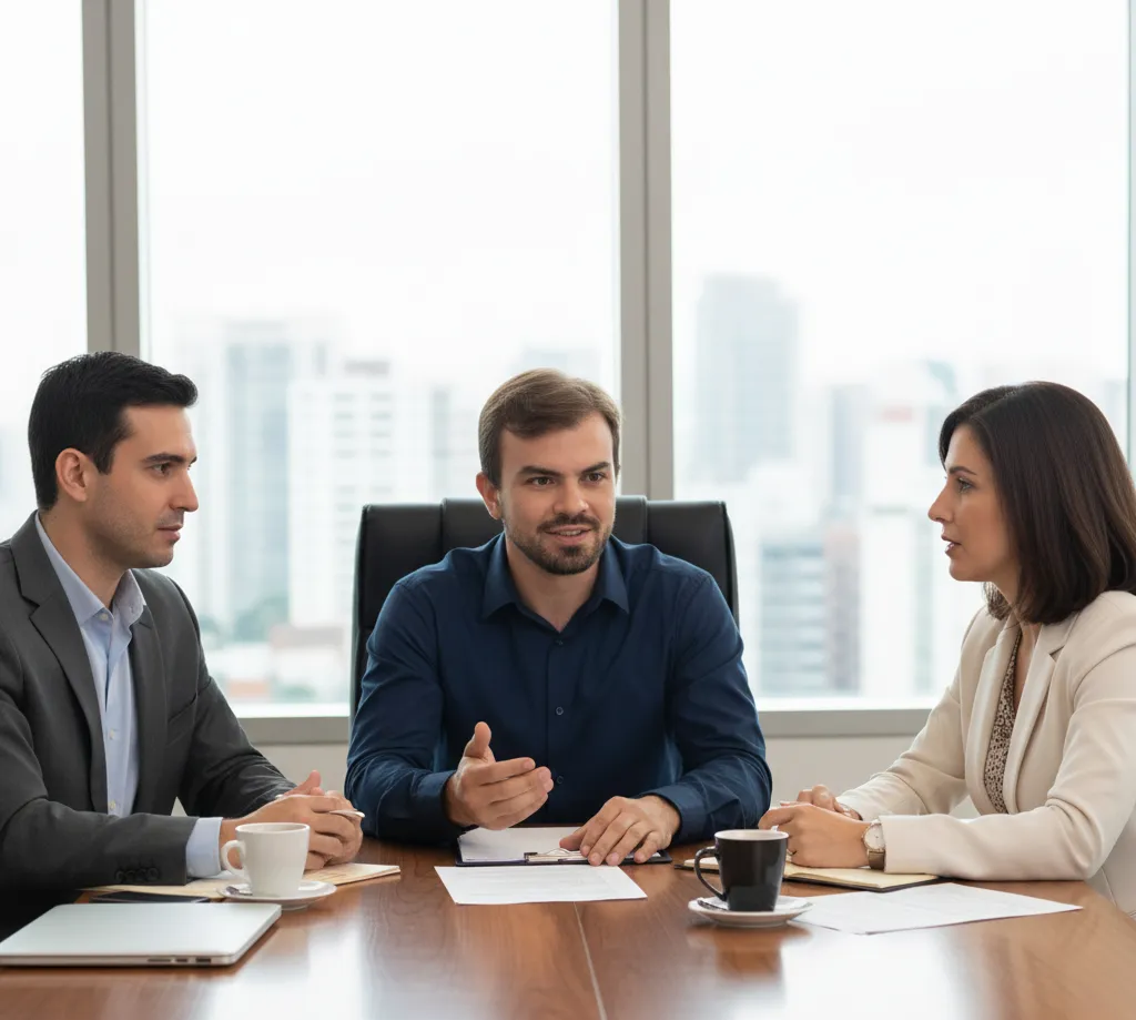 Gustavo em reunião com clientes