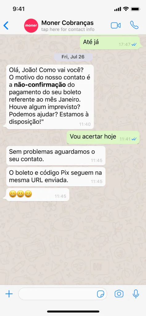 Mensagem de cobrança sendo enviada por WhatsApp
