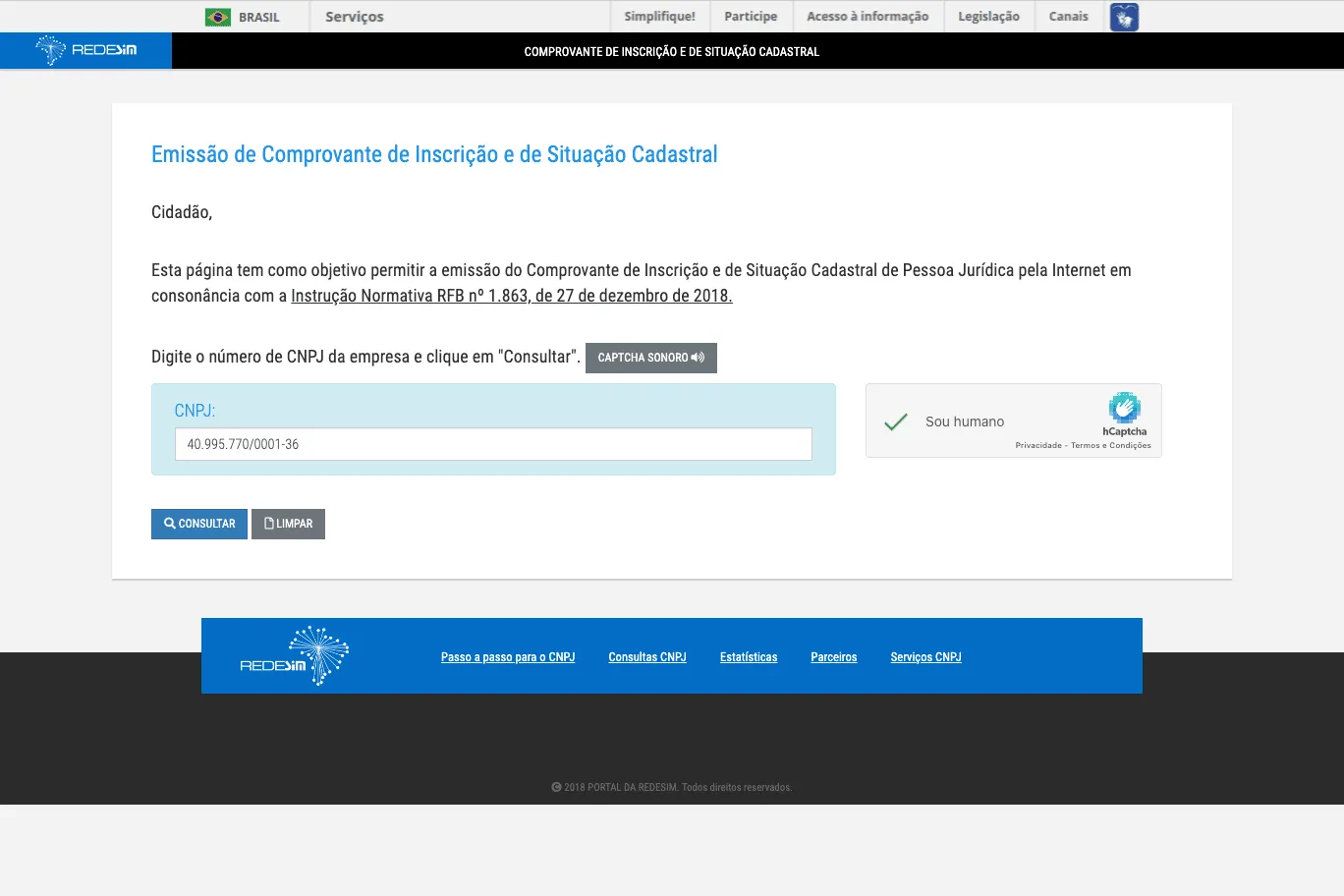 Emissão de Comprovante de Inscrição e de Situação Cadastral passo 2