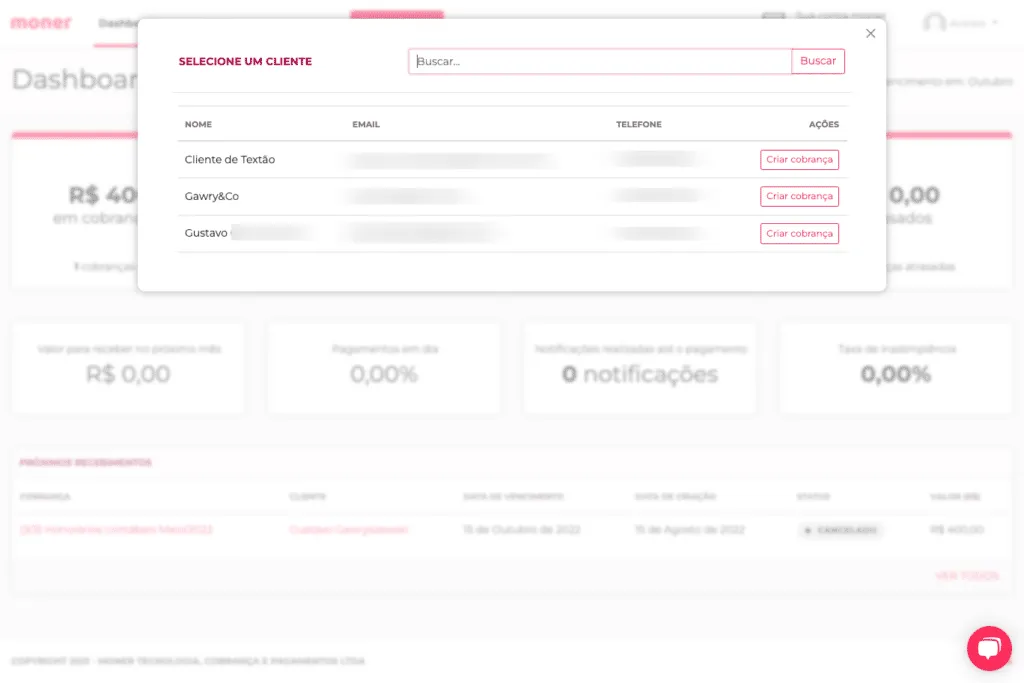 Listagem de clientes para criação de cobrança