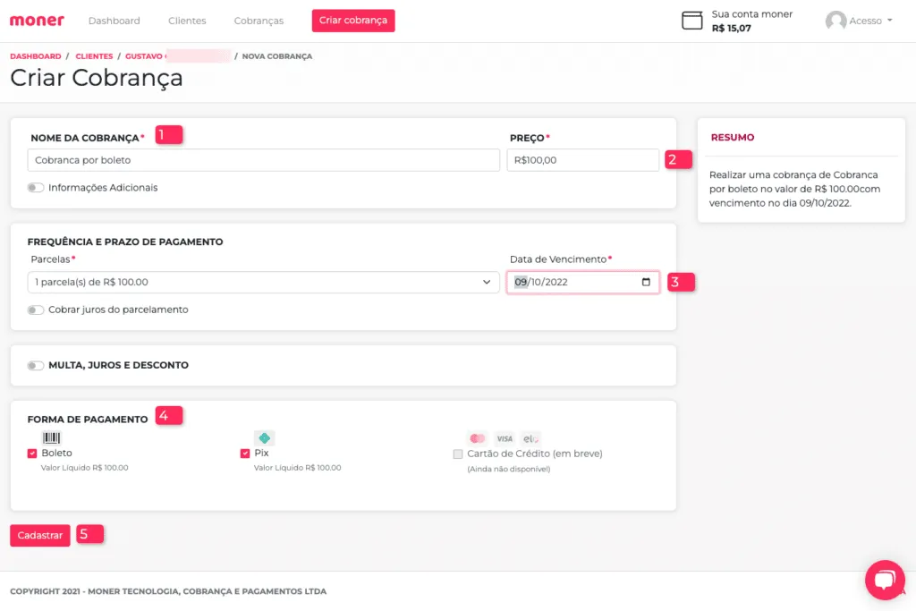 Tela de Criar Cobrança com Boleto Bancário e Pix Cobrança