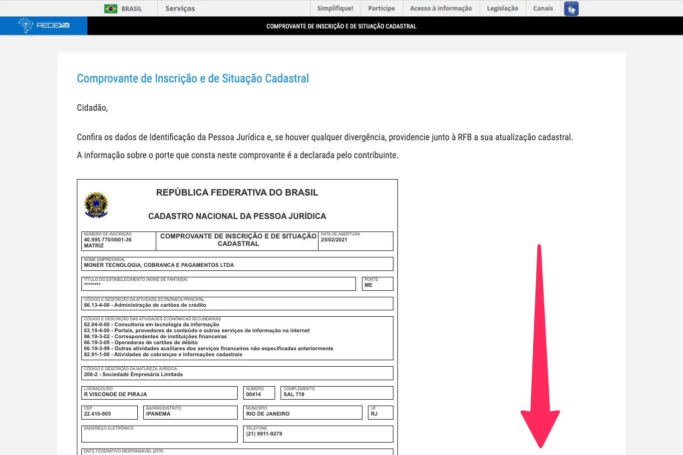 Comprovante de Inscrição e de Situação Cadastral Passo 3